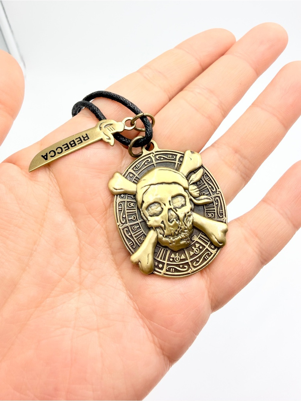 Pirate Skull Medallion Adjustable Cord Necklace with Signed Rebecca Charm